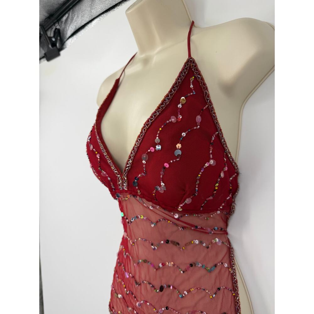 Y2K Vanity Womens M Mesh Backless Sequined Sheer Top Red Festival Fairy - Picture 3 of 10
